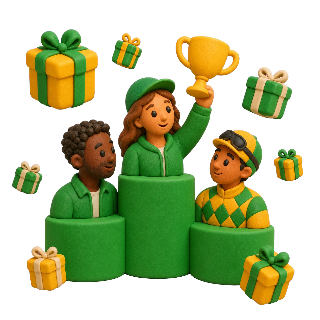 Membres sur un podium entourés de cadeaux et d'un trophée
